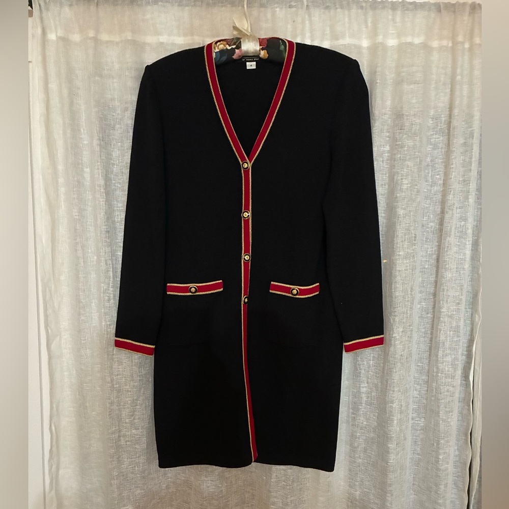 St. John Black Cardigan with Red and Gold Trim